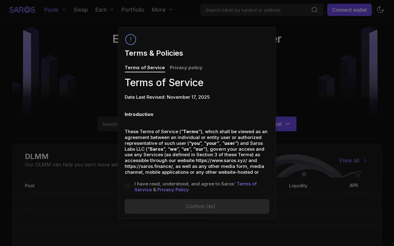 Screenshot of the Saros homepage