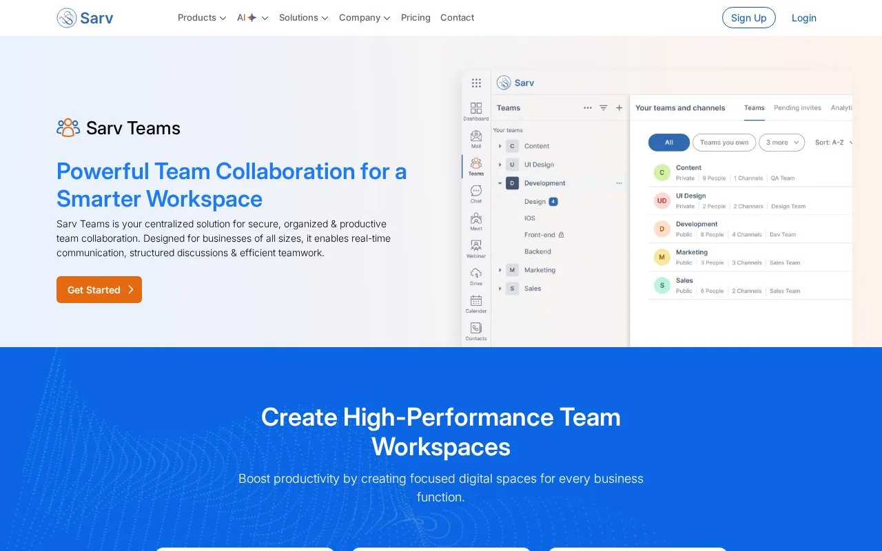 Screenshot of the Sarv Teams homepage