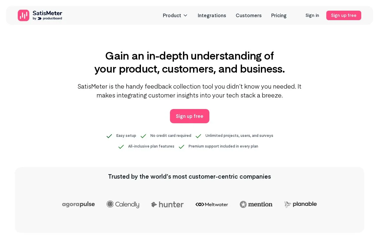 Screenshot of the SatisMeter homepage