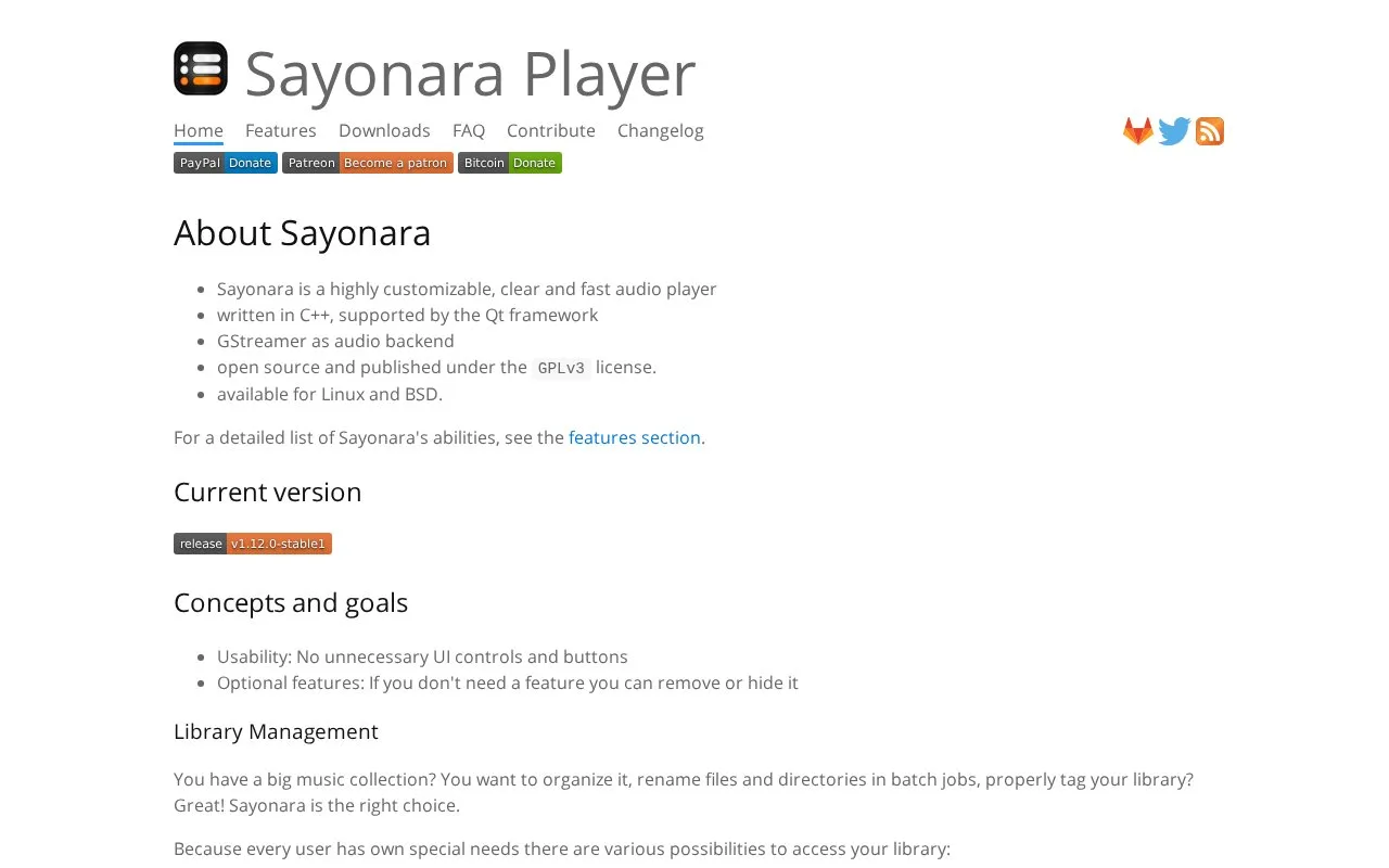 Screenshot of the Sayonara Player homepage