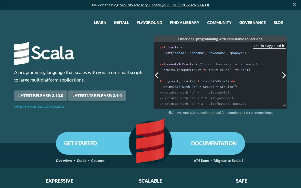 Screenshot of the Scala 3 homepage