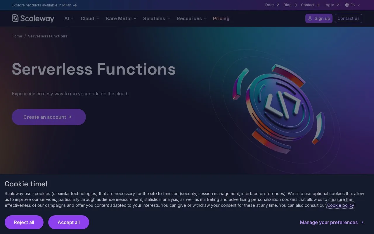 Screenshot of the Scaleway Serverless Functions homepage