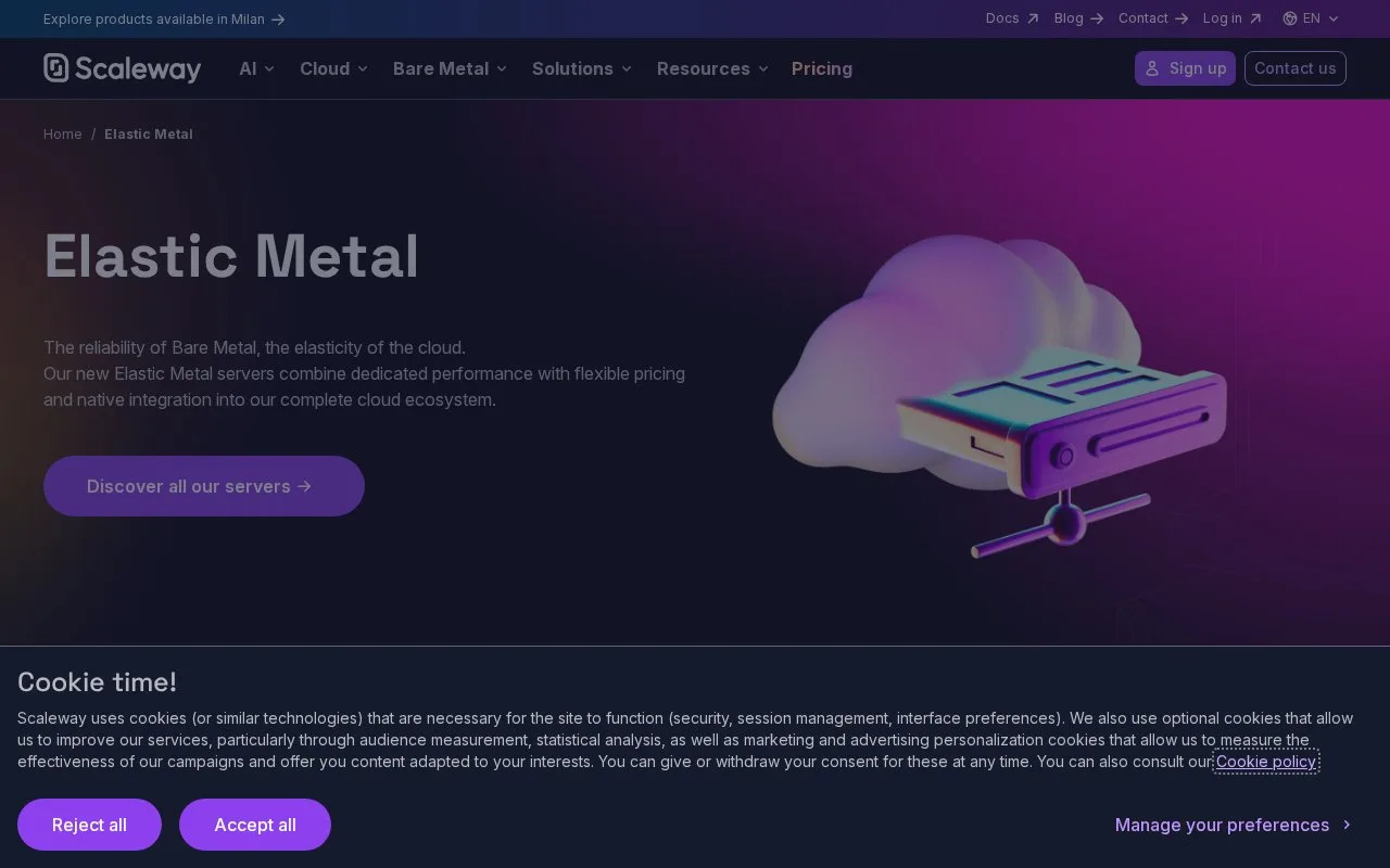 Screenshot of the Scaleway Elastic Metal homepage