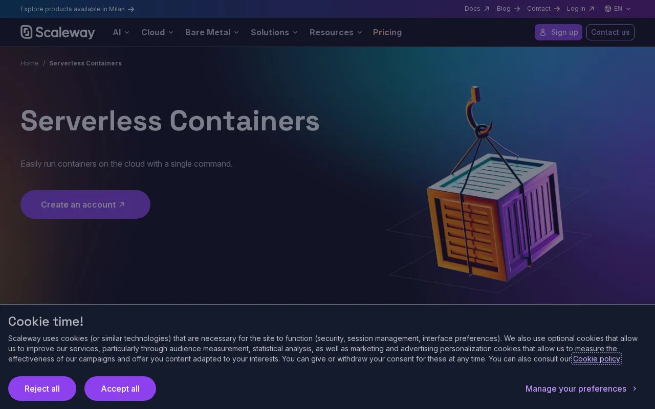 Screenshot of the Scaleway Serverless Containers homepage
