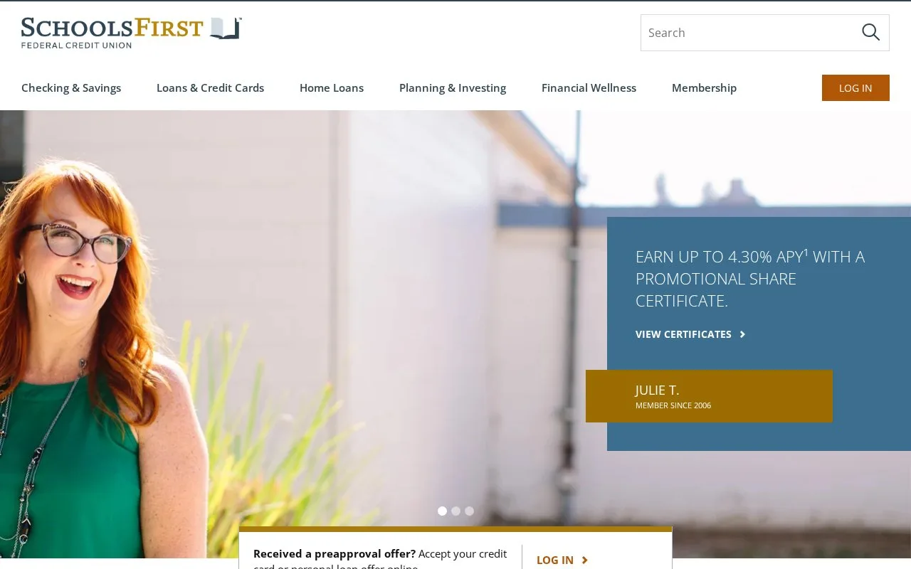 Screenshot of the SchoolsFirst Federal Credit Union homepage