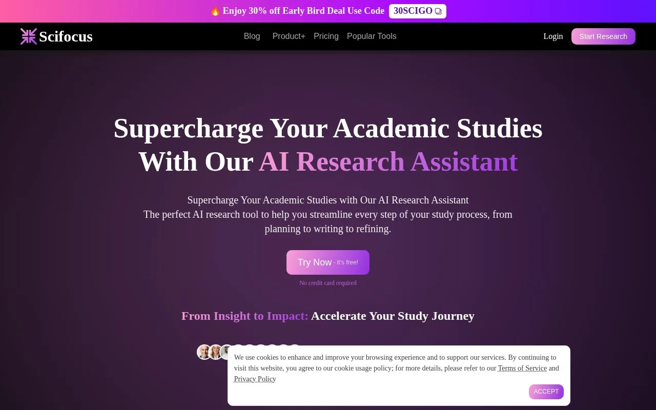 Screenshot of the Scifocus homepage