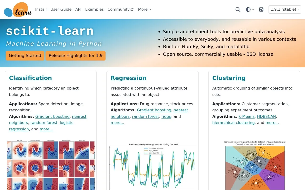 Screenshot of the scikit-learn homepage