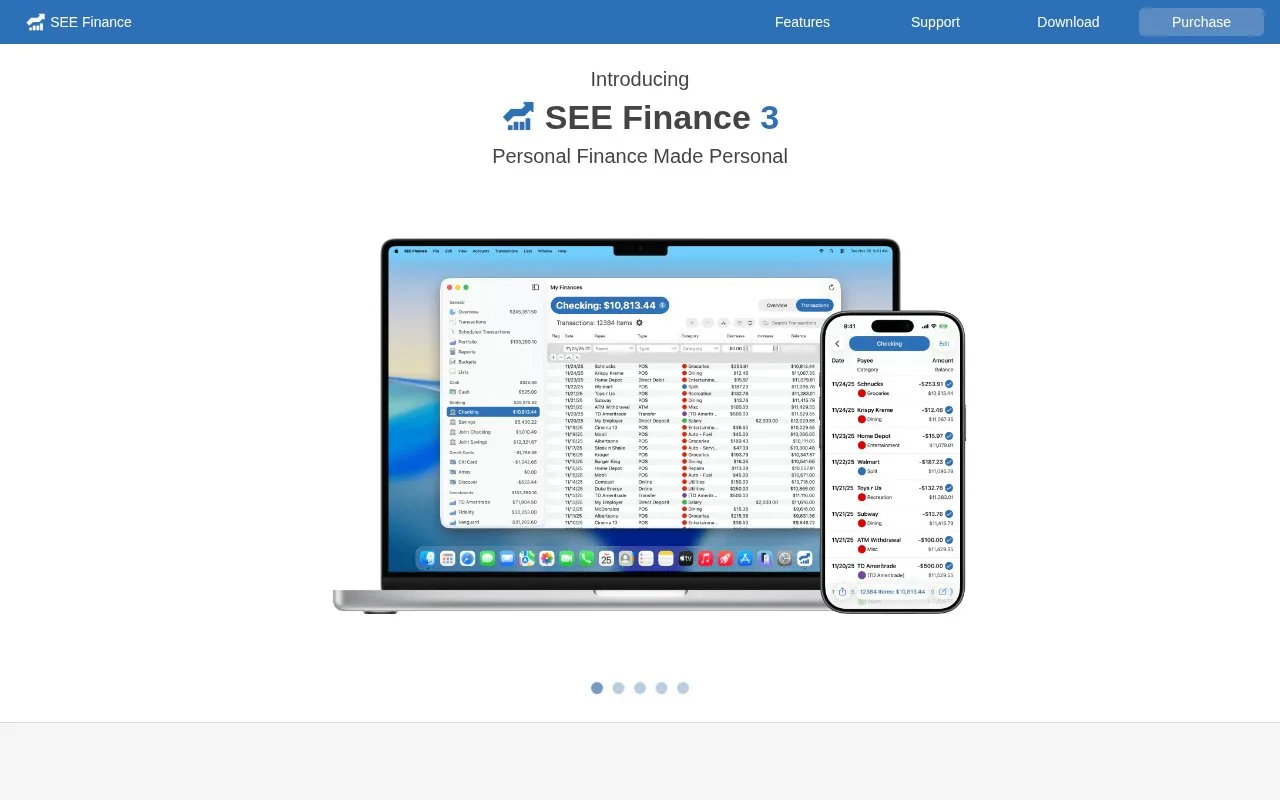 Screenshot of the SEE Finance homepage