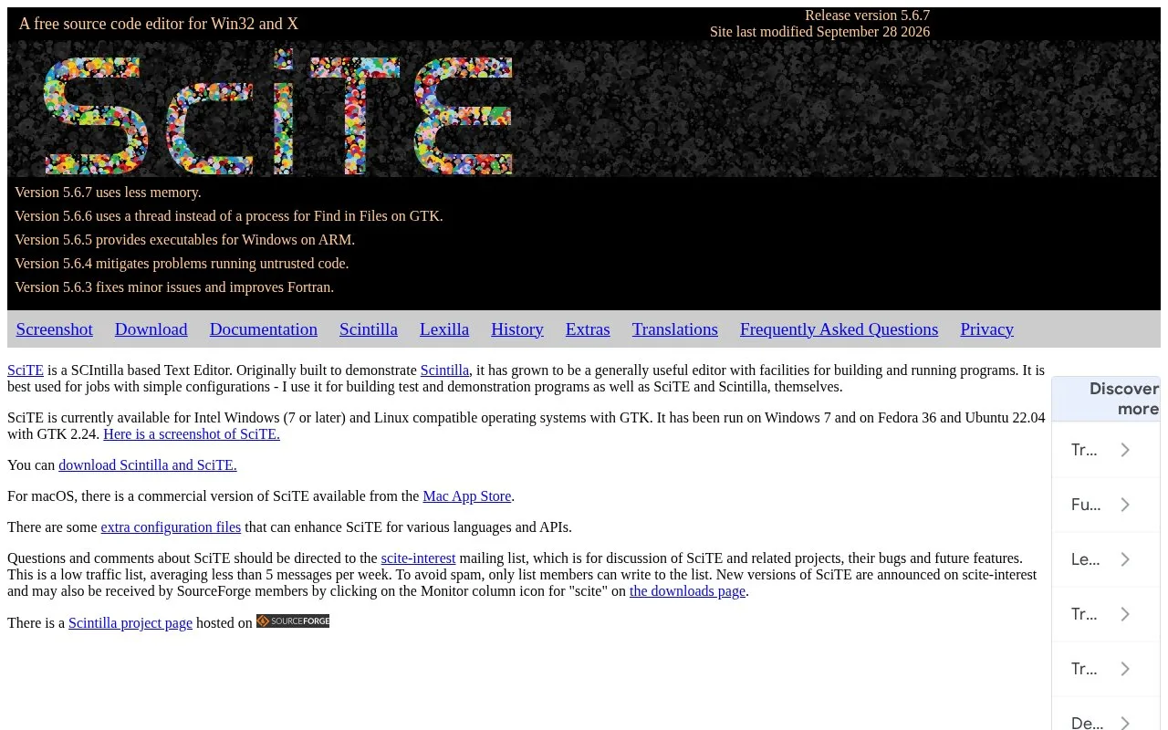 Screenshot of the SciTE homepage