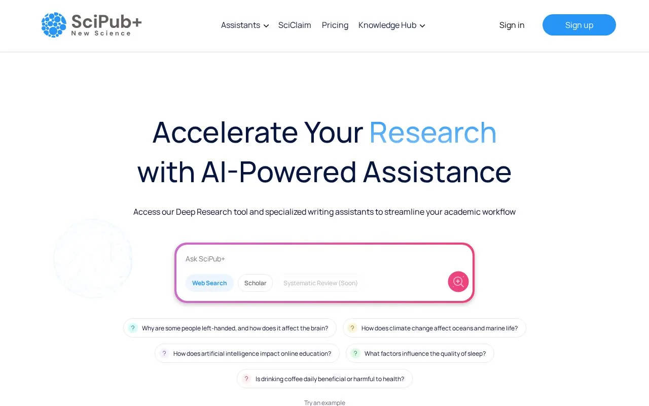 Screenshot of the SciPub+ homepage