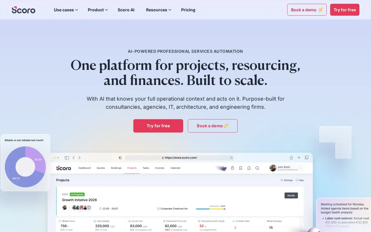 Screenshot of the Scoro homepage