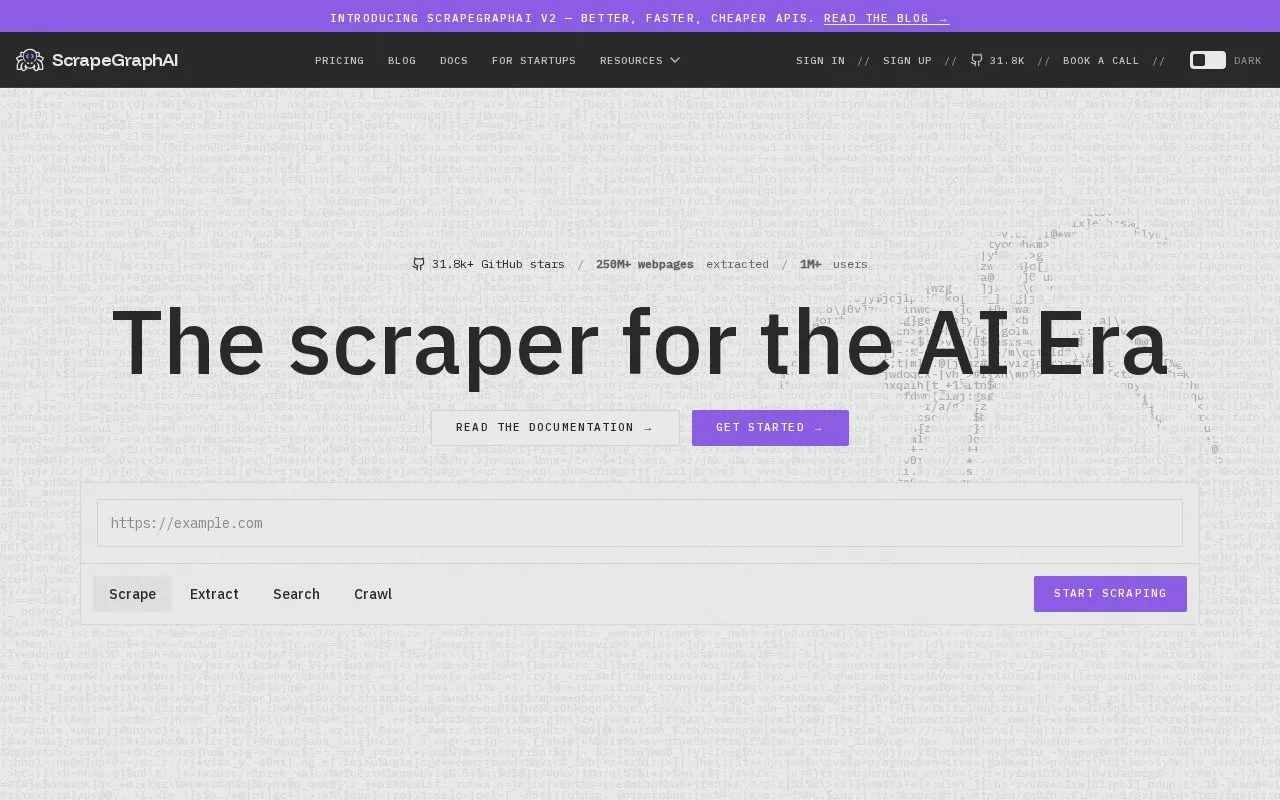 Screenshot of the ScrapeGraphAI homepage
