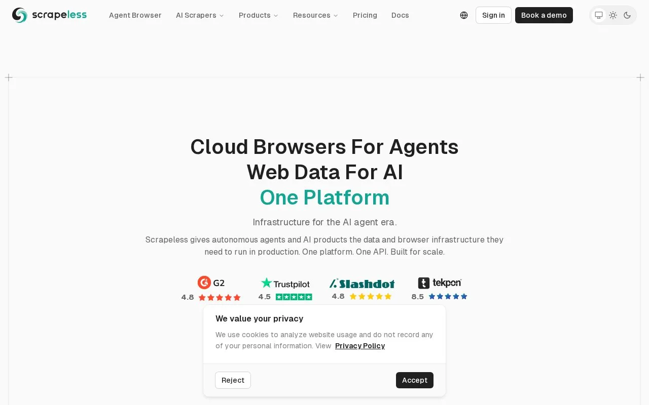 Screenshot of the Scrapeless homepage