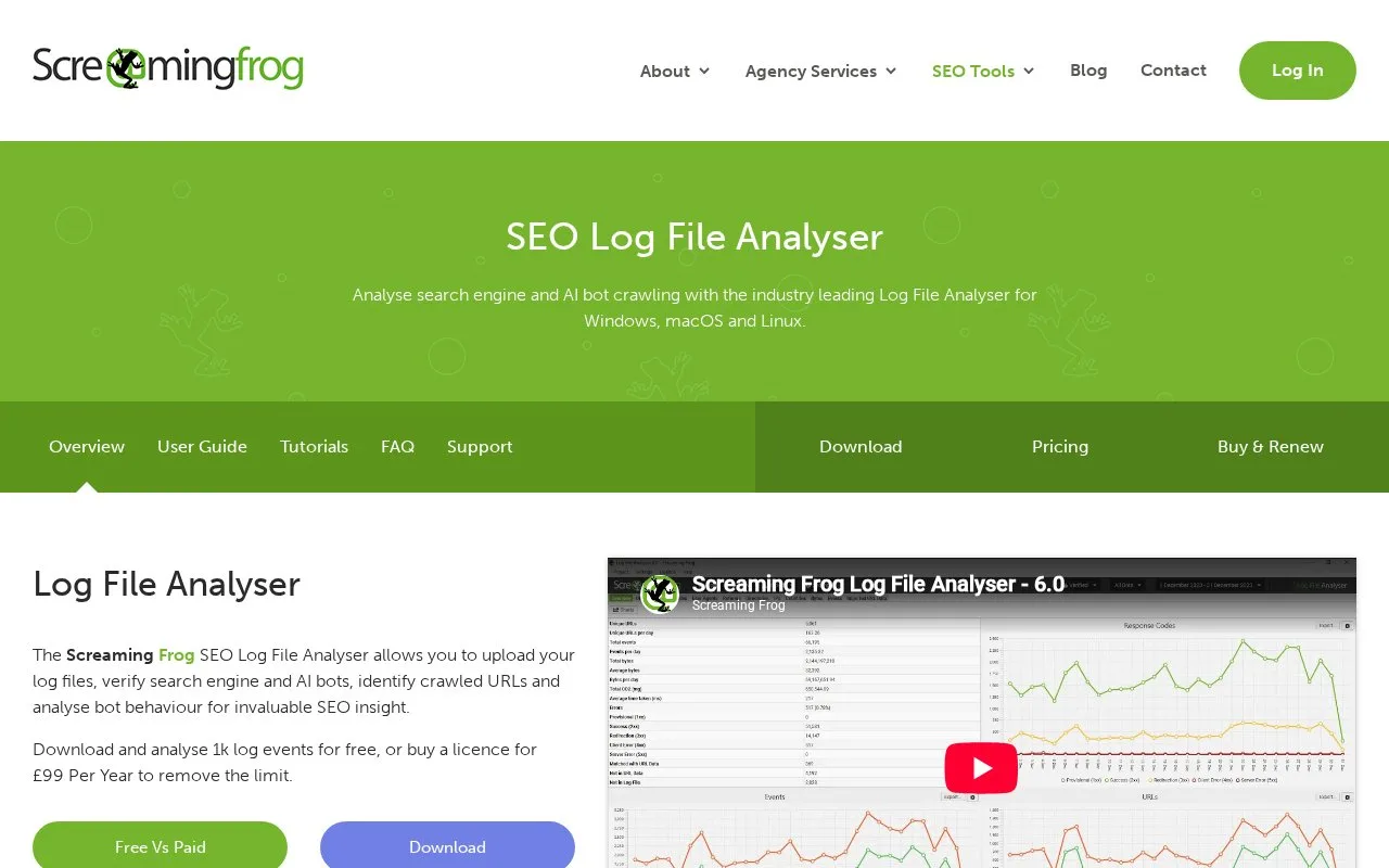 Screenshot of the Screaming Frog Log File Analyser homepage