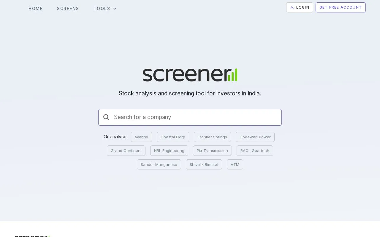 Screenshot of the Screener.in homepage