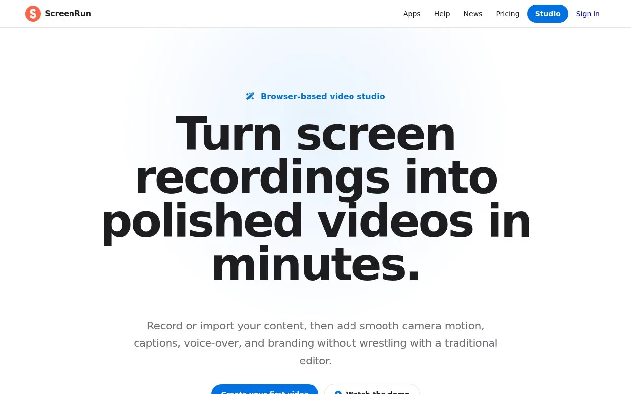 Screenshot of the ScreenRun homepage