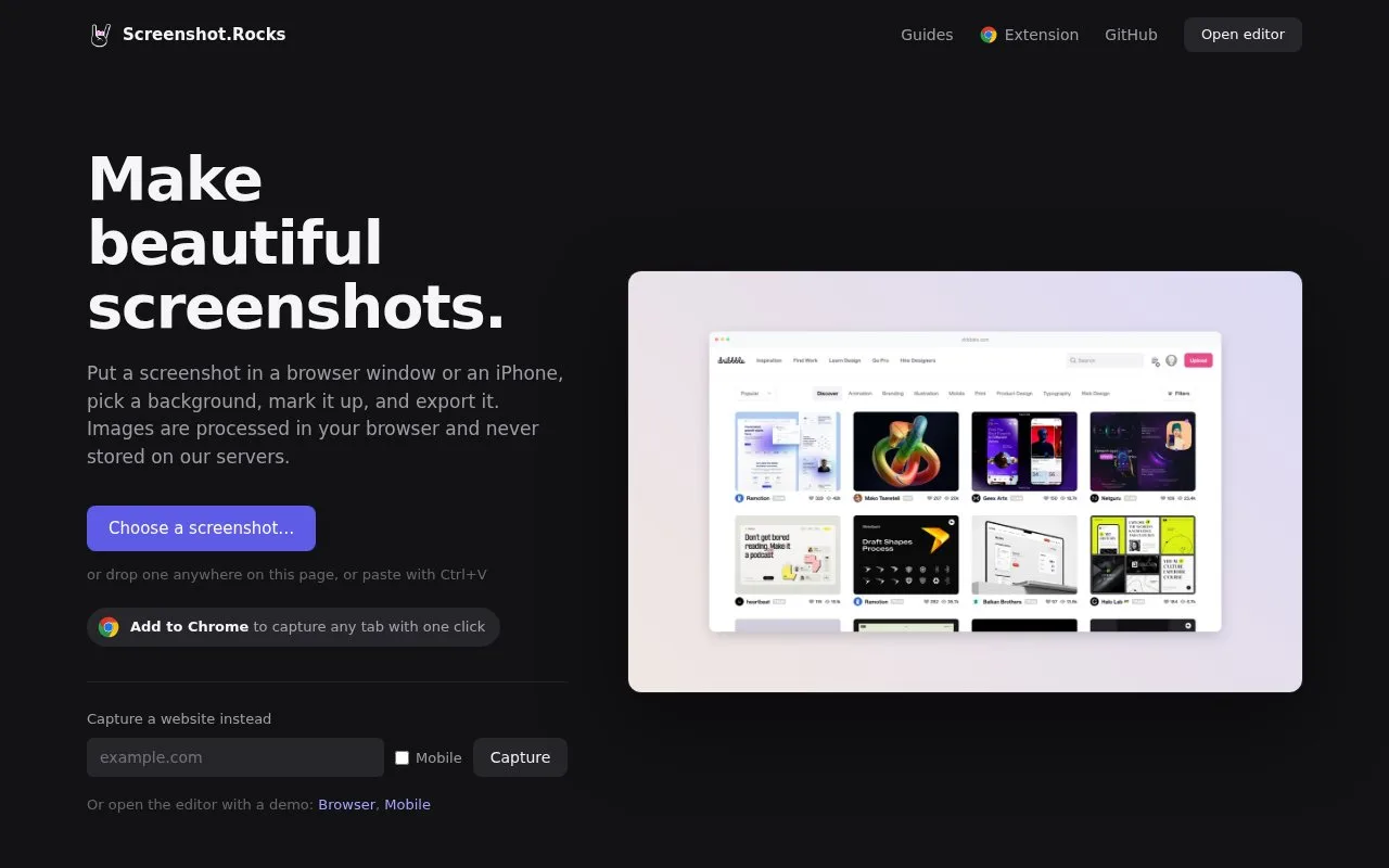 Screenshot of the Screenshot.Rocks homepage