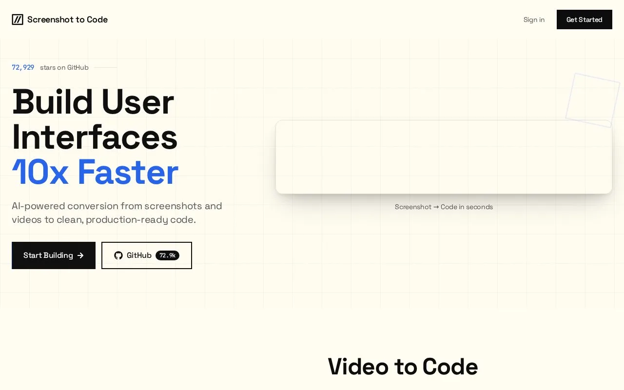 Screenshot of the Screenshot to Code homepage