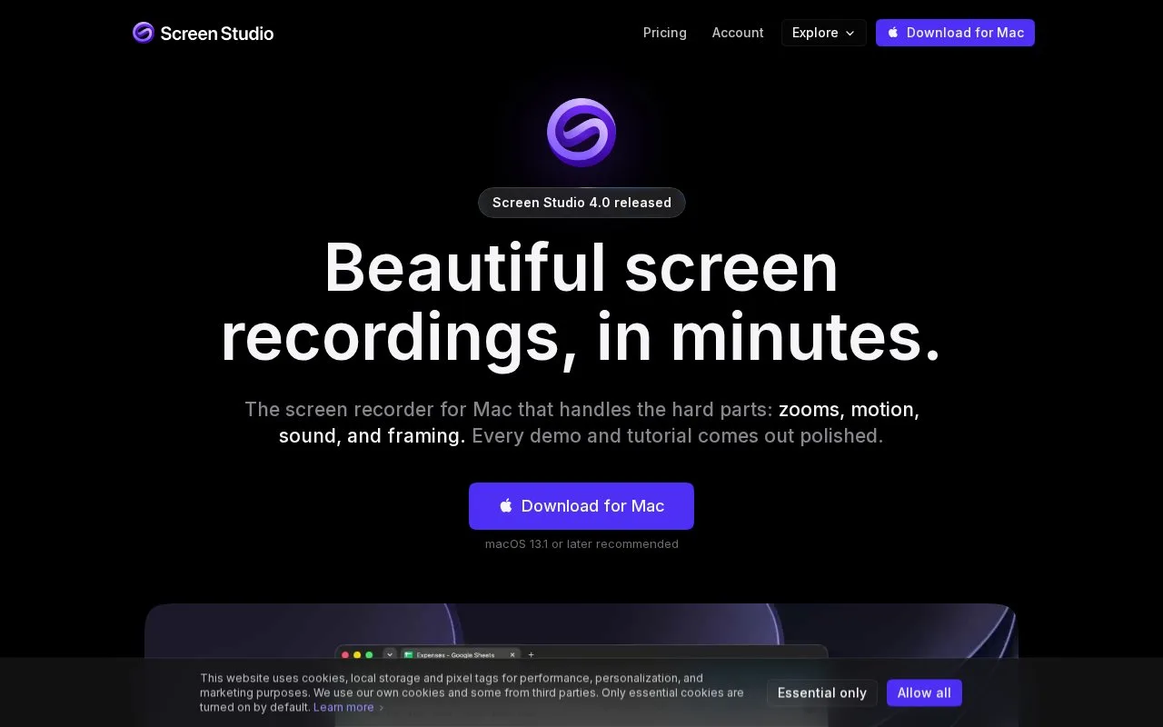 Screenshot of the Screen Studio homepage