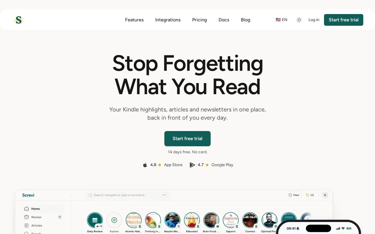 Screenshot of the Screvi homepage