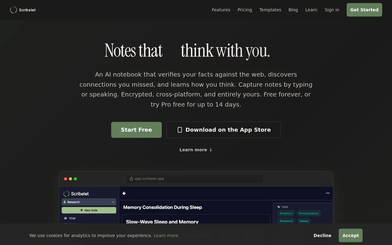 Screenshot of the Scribelet homepage
