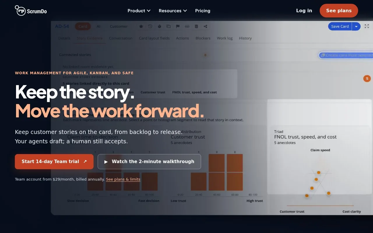 Screenshot of the ScrumDo homepage