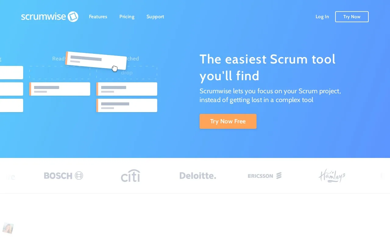 Screenshot of the Scrumwise homepage