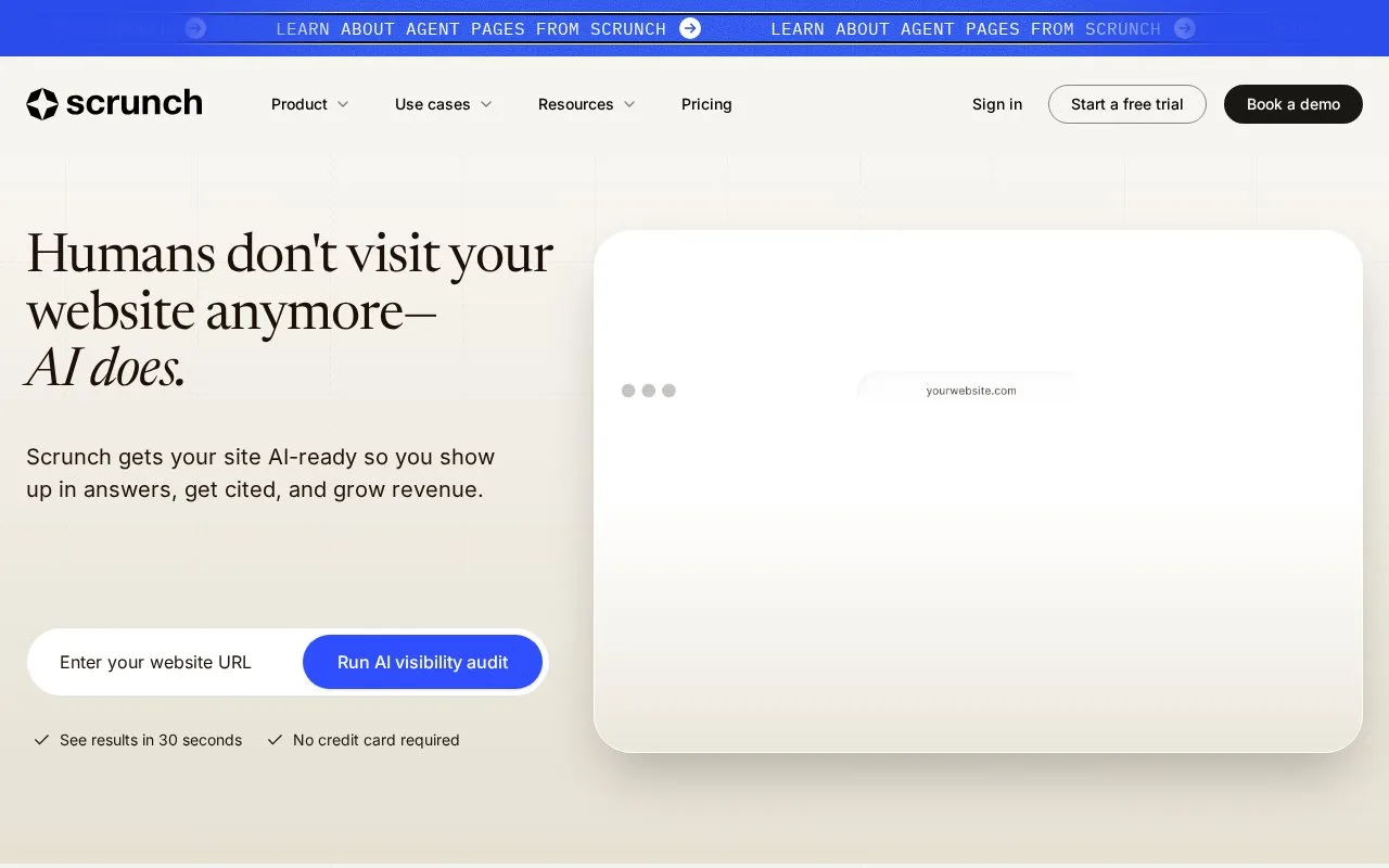 Screenshot of the Scrunch homepage