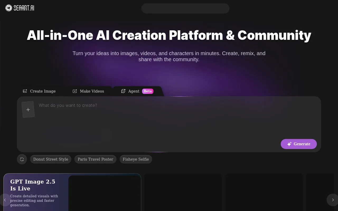 Screenshot of the SeaArt AI homepage