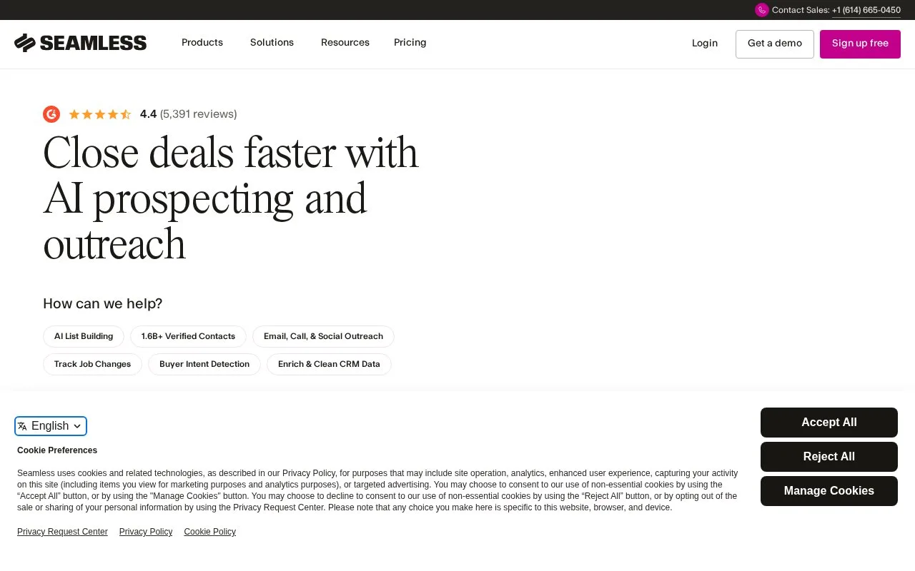 Screenshot of the Seamless.AI homepage