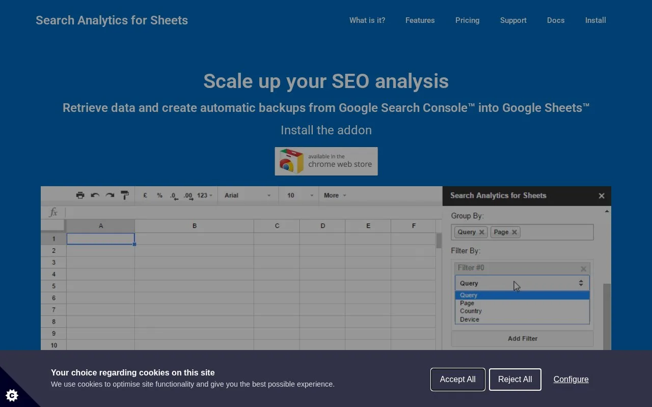 Screenshot of the Search Analytics for Sheets homepage