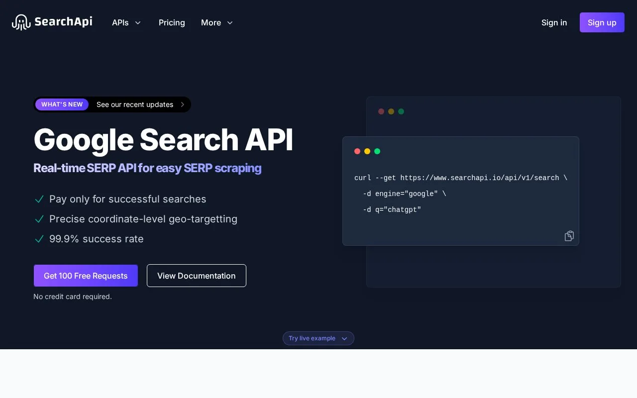 Screenshot of the SearchApi homepage