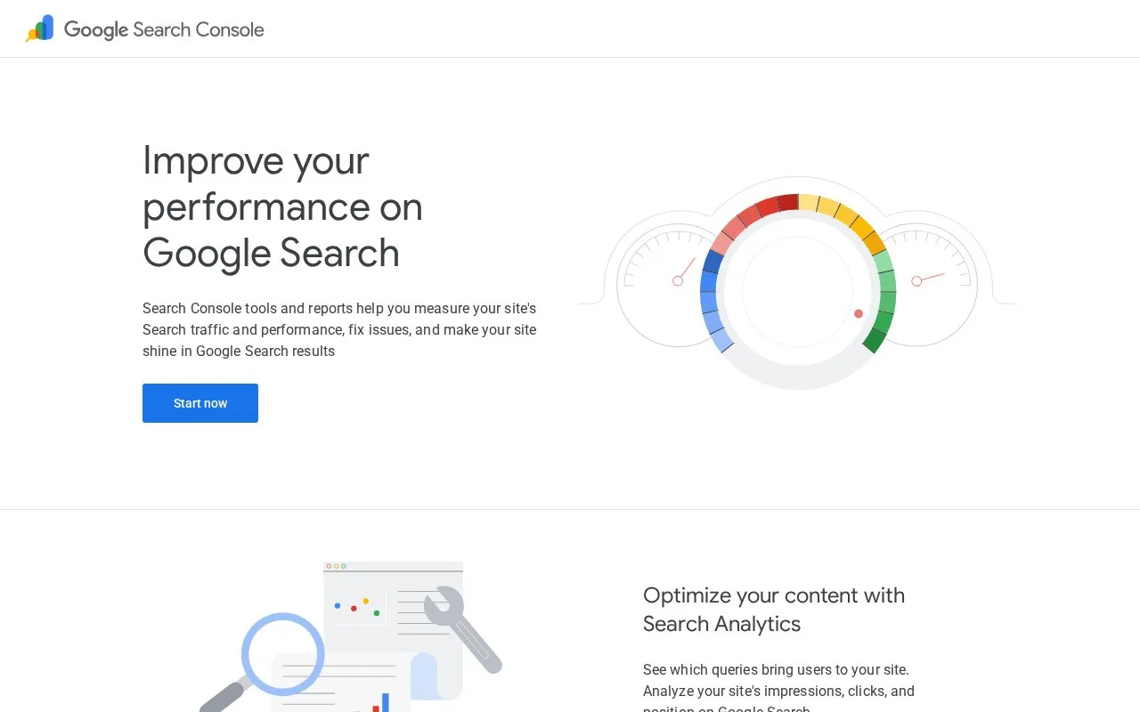 Screenshot of the Google Search Console homepage