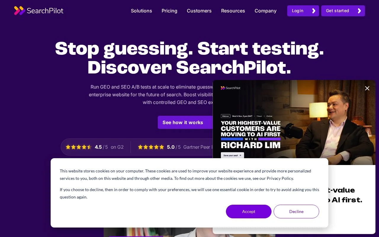 Screenshot of the SearchPilot homepage