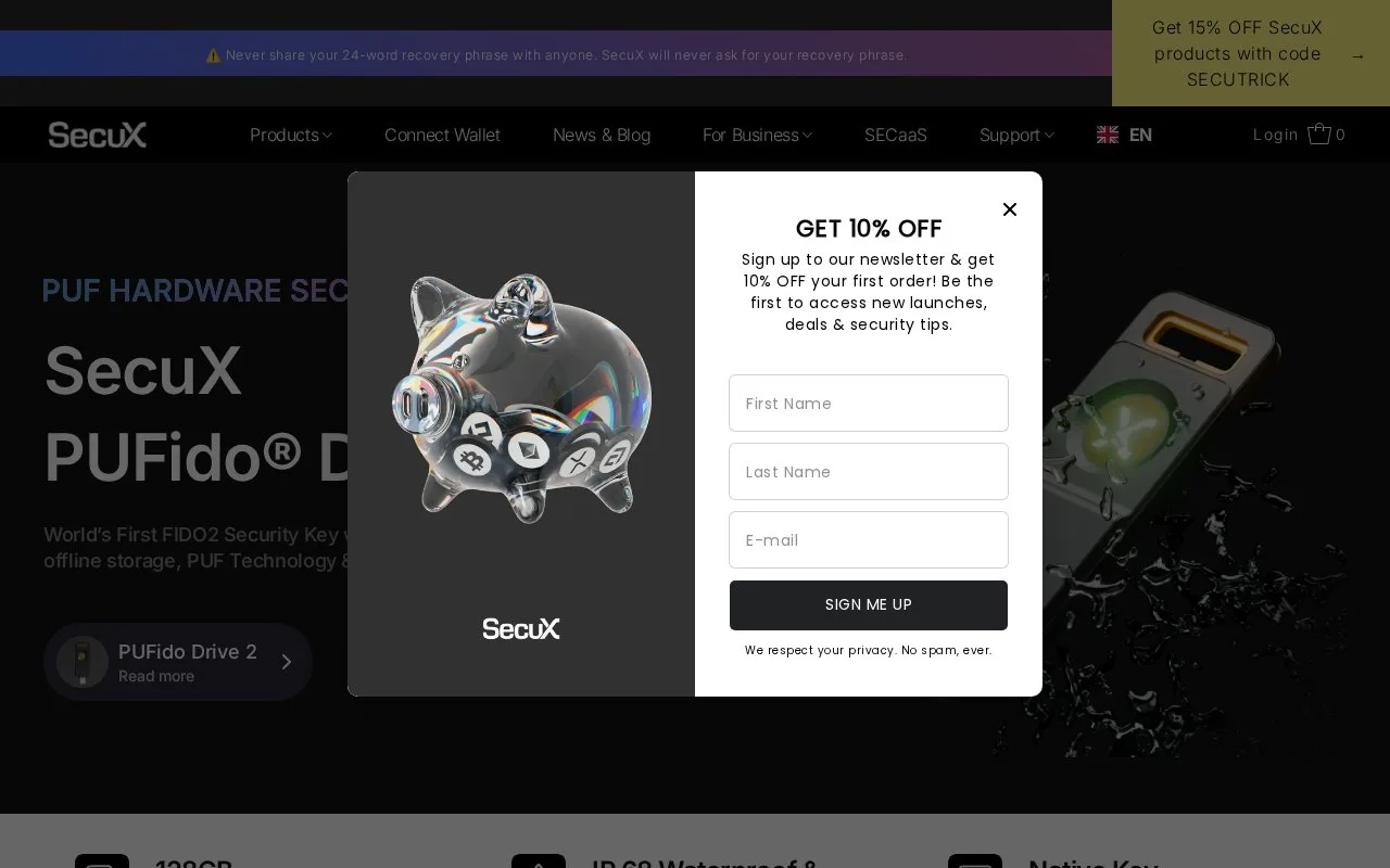 Screenshot of the SecuX homepage