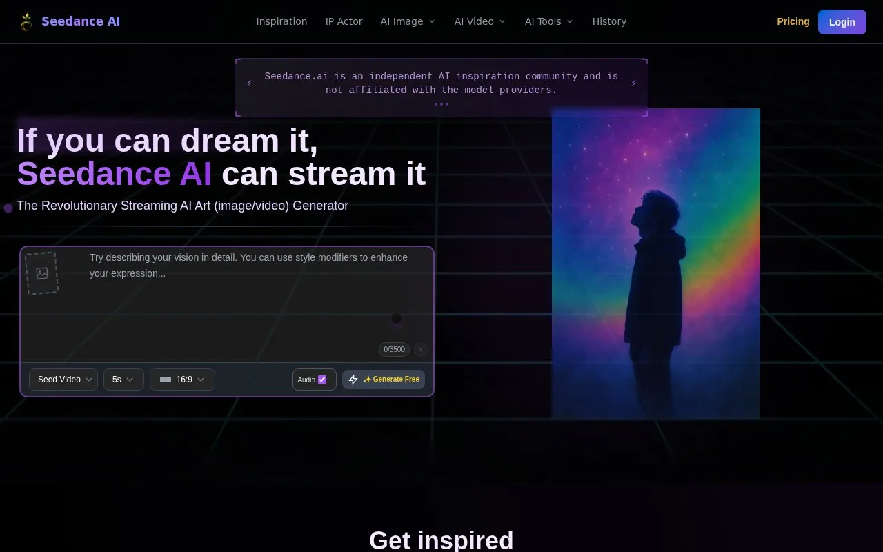 Screenshot of the Seedance AI homepage