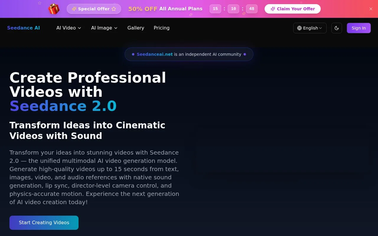 Screenshot of the Seedance AI homepage