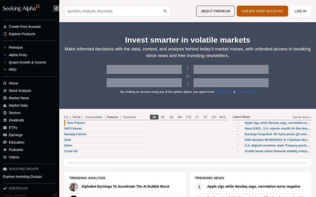 Screenshot of the Seeking Alpha homepage