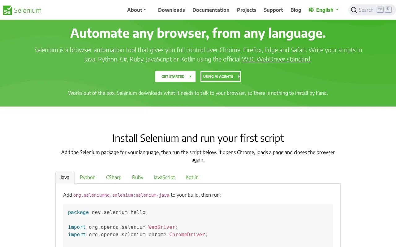 Screenshot of the Selenium homepage