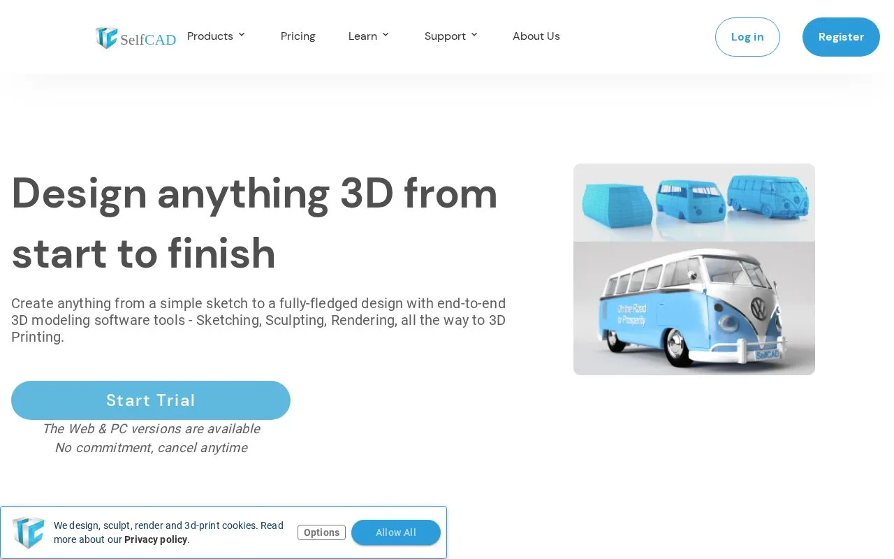 Screenshot of the SelfCAD homepage