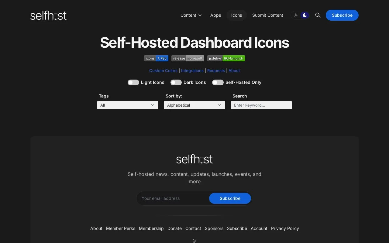Screenshot of the selfh.st Icons homepage