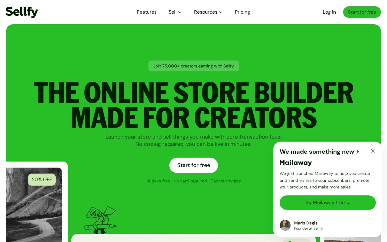 Screenshot of the Sellfy homepage