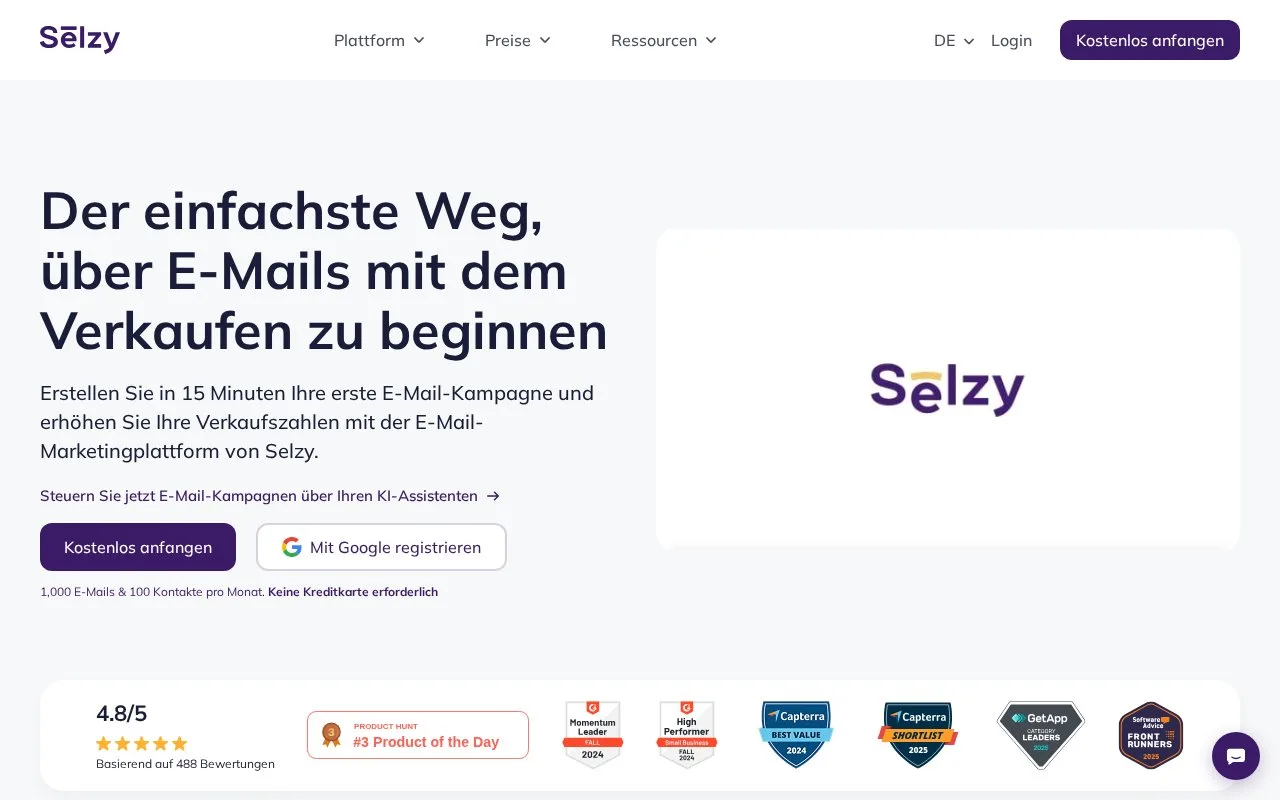 Screenshot of the Selzy homepage
