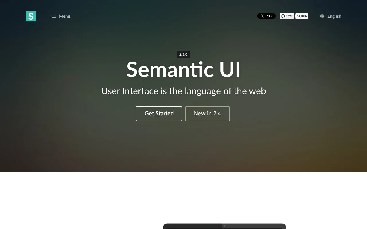 Screenshot of the Semantic UI homepage