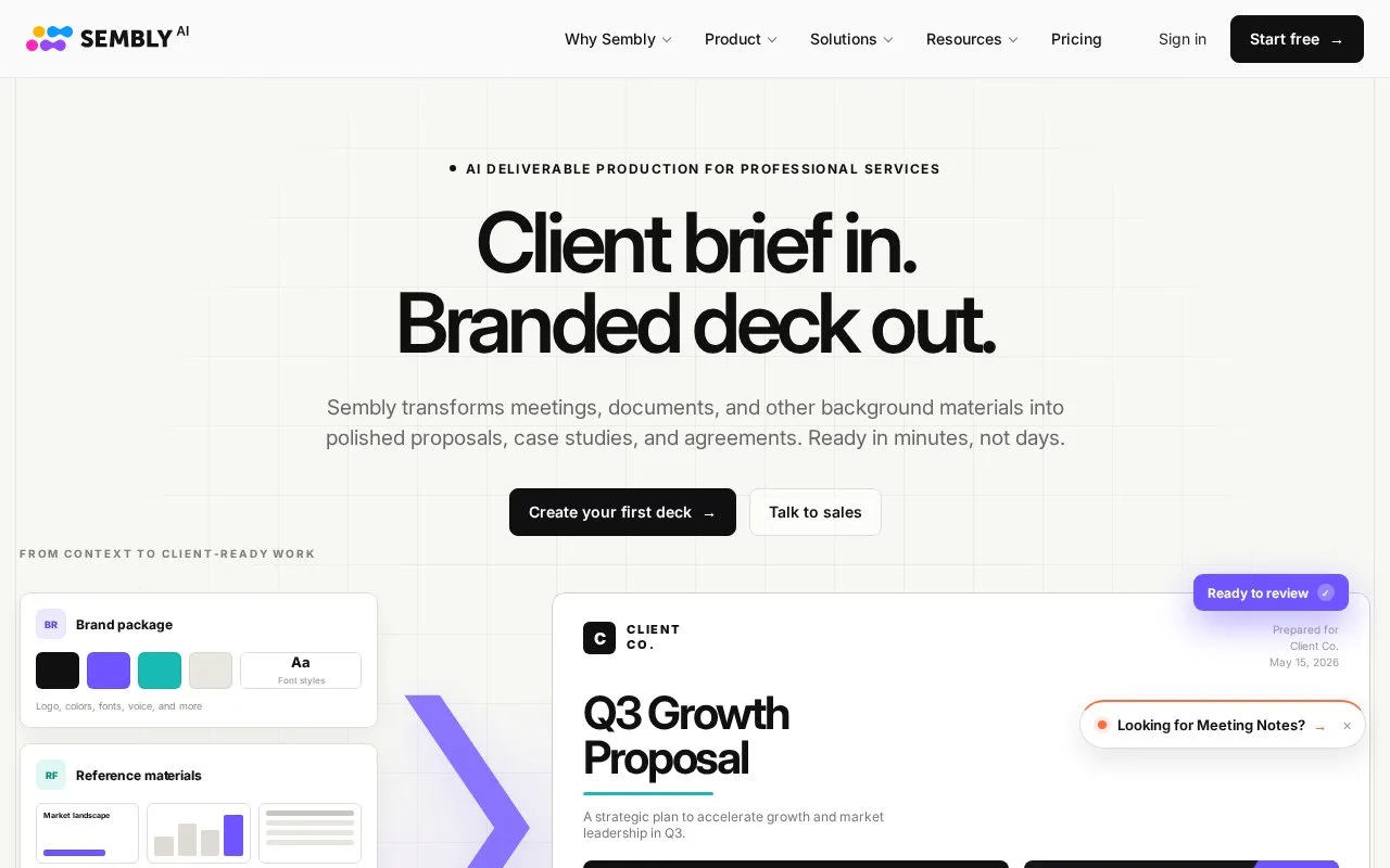 Screenshot of the Sembly AI homepage