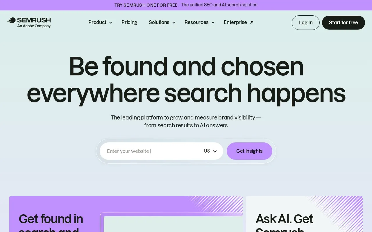Screenshot of the Semrush homepage