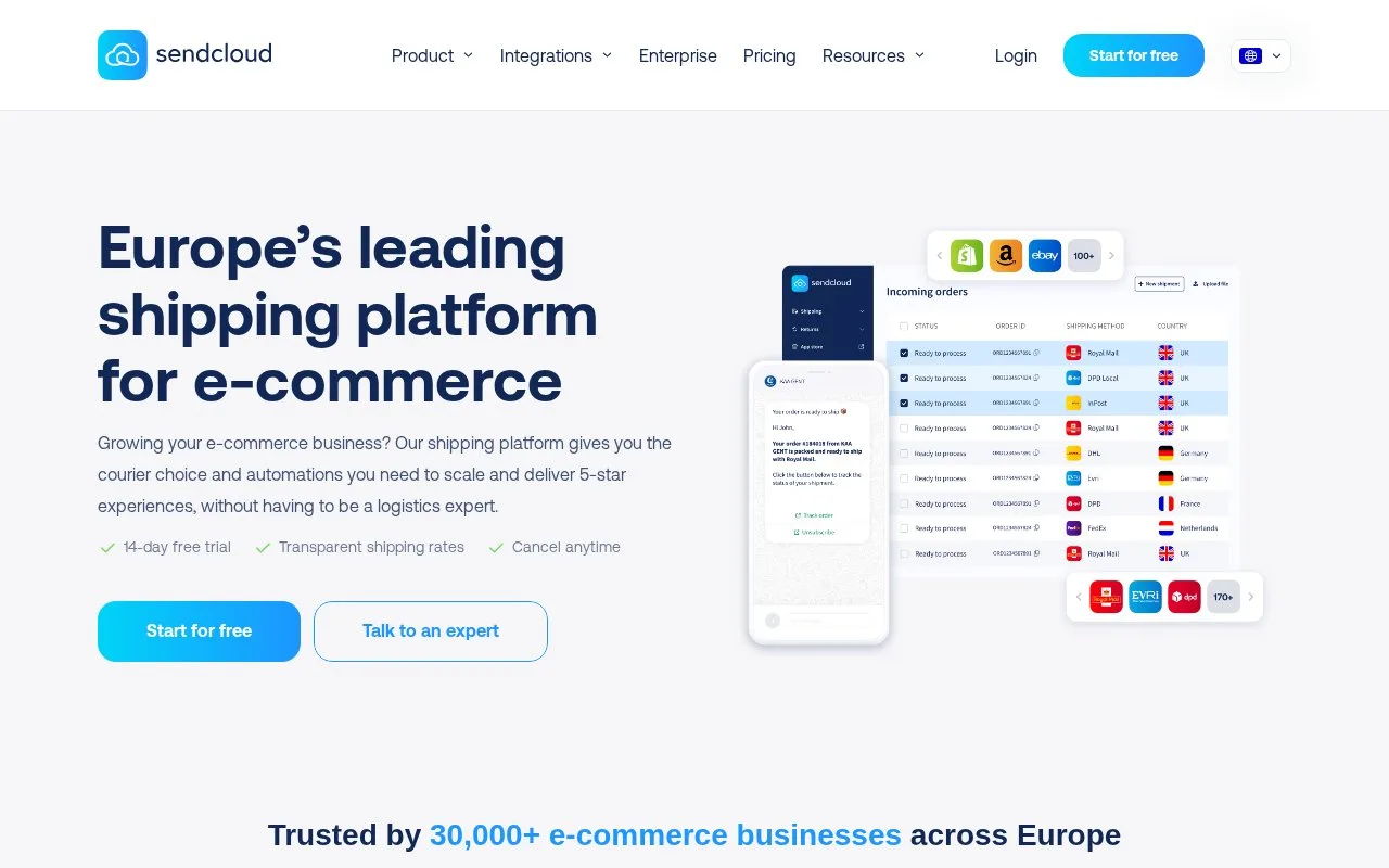 Screenshot of the Sendcloud homepage