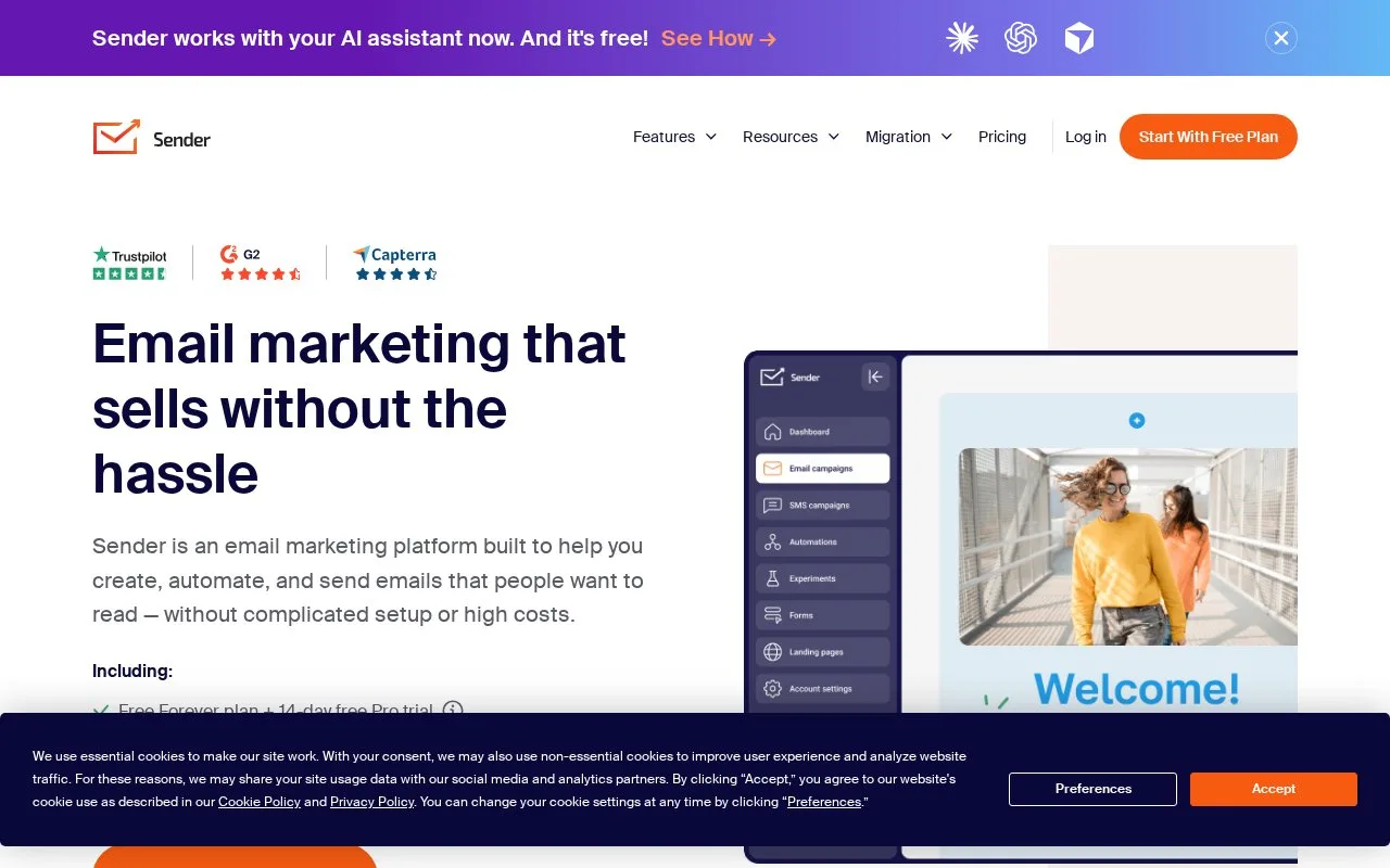 Screenshot of the Sender homepage