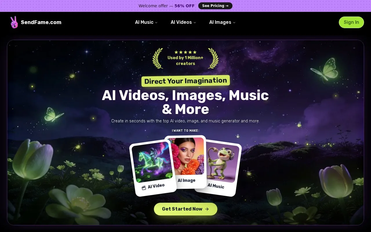 Screenshot of the SendFame homepage