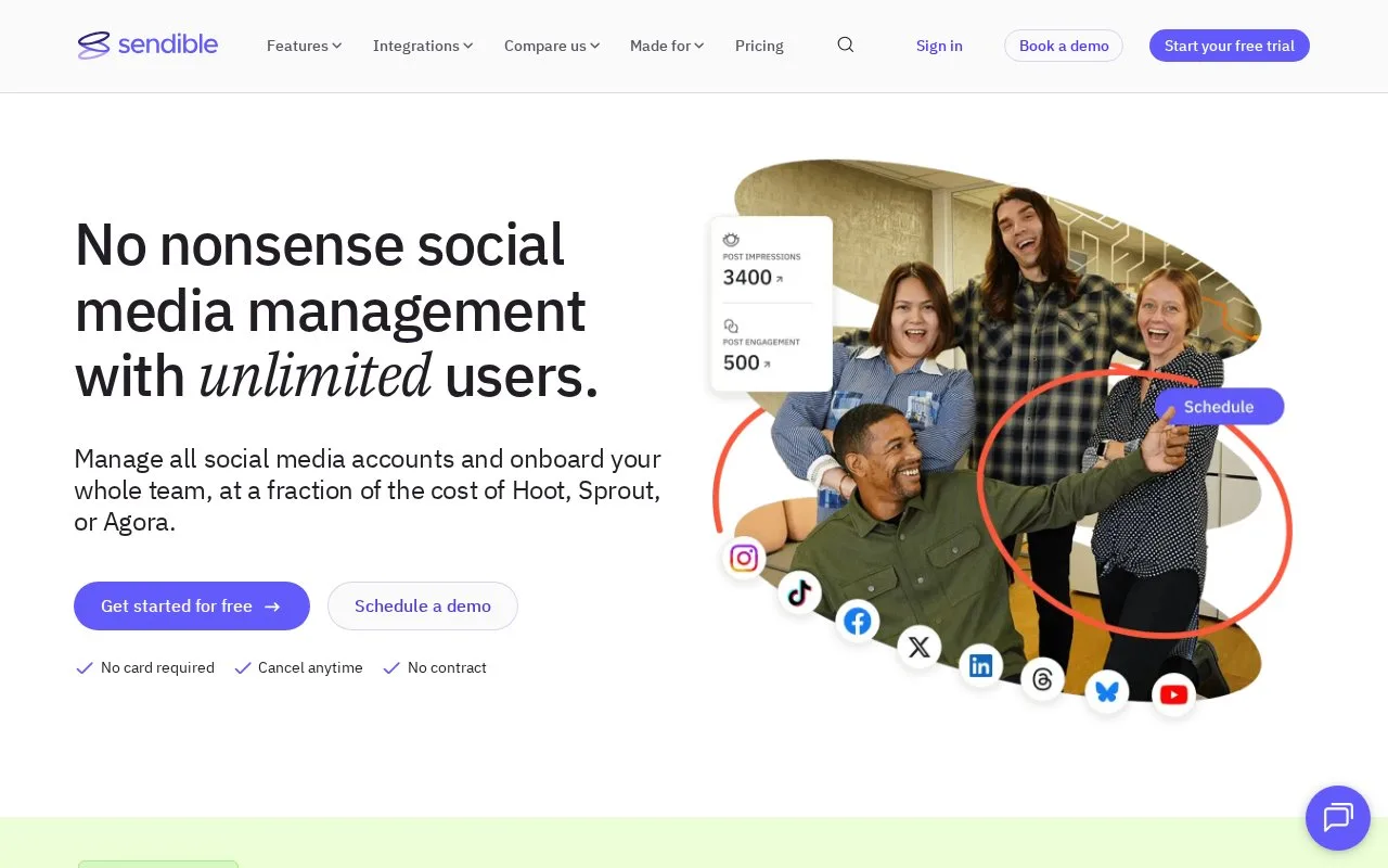 Screenshot of the Sendible homepage